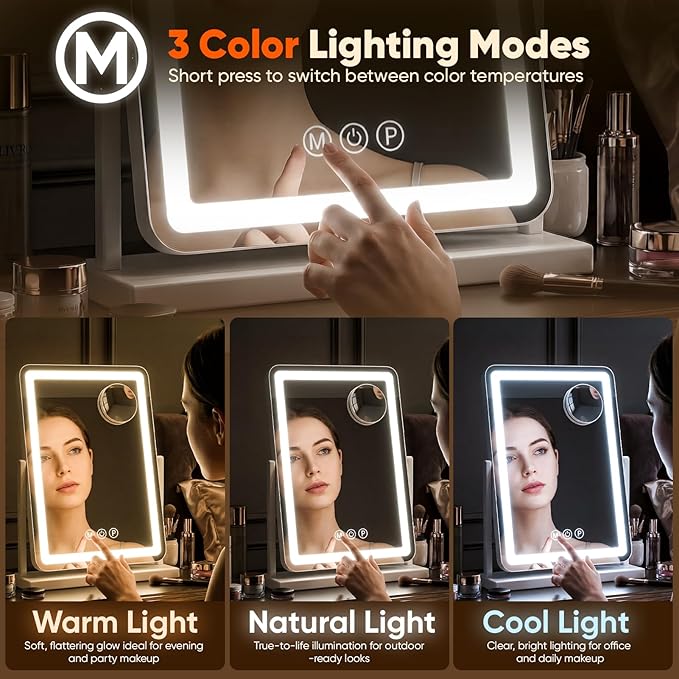 Antok Vanity Mirror with Lights, 14"X18" Lighted Makeup Mirror, Smart Touch, 3 Color Modes and Brightness Adjustable, LED Vanity Mirror with Detachable 10X Magnification, 360° Rotation for Makeup Desk