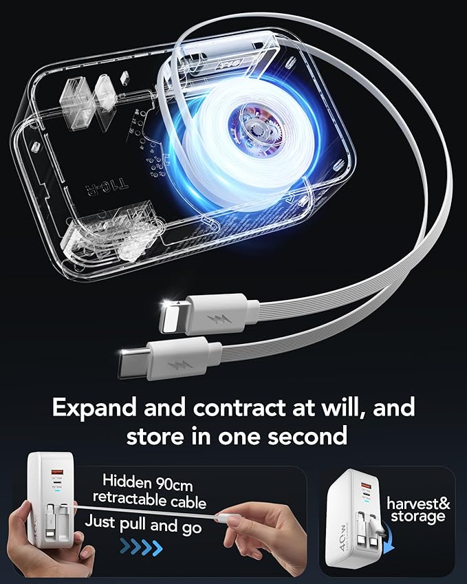 4-in-1 Retractable Gan Wall Charger Plug for iPhone 17 USB C,Travel Essentials Brick Multiport,3ft Lightening+ Type C Cables,40W Fast Charging Foldable Block for iPhone 17 Pro/16/15/14/13,iPad,Galaxy