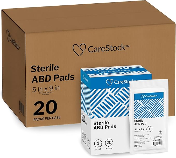CareStock Abdominal Pads 5x9 in [400-Pack] Sterile ABD Pads, Extra Absorbent, Individually Wrapped, Wound Care First Aid, 20 Count, Pack of 20