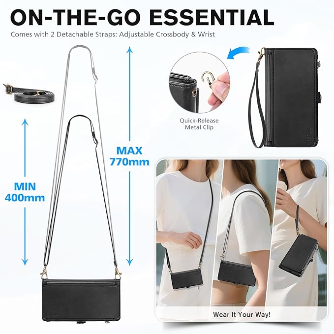 TUCCH Crossbody Detachable Wallet Case for iPhone 17 Pro 6.3" 2025, 9 Card Slots RFID Blocking | Wireless Charging | Wrist Strap | Lanyard | Stand | Zipper Pocket | PU Leather Shockproof Cover | Black