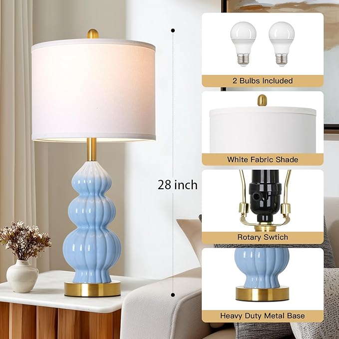 Blue Ceramic Lamps Set of 2, 26.5" Modern Table Lamps for Living Room, Classic Bedside Lamp with Triple Gourd, Elegant Bedroom Lamp for Night Stand Desk Side End Table Home Decor