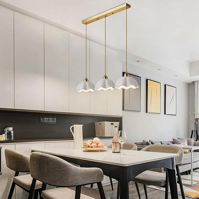 3-Light Hanging Pendant Light Fixtures Gold Kitchen Island Lighting Vintage Milk Glass Light Adjustable White Wave Ceramic Hanging Ceiling Light Nordic Retro Ceiling Lamp MPL11-3S GD