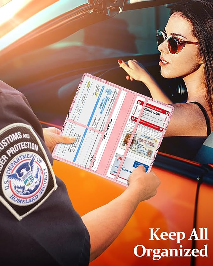 Slohif Car Registration and Insurance Card Holder - Peach Blossom Vehicle Glove Box Organizer Women with Magnetic Shut Leather Automobile License Holders Coasters Auto Accessories Case for Document