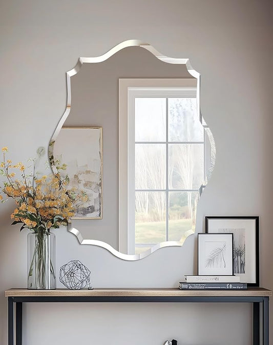 Frameless Scalloped Wall Mirror: Decorative Scallop Oval Mirrored Glass Vanity with Beveled Silver Edge for Bathroom Bedroom Livingroom Dining Room Entryway Hallway, 28 x 20 inch