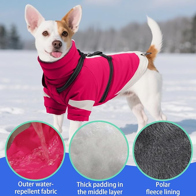 MIGOHI Warm Dog Coat Waterproof Small Dog Jacket with Harness,Reflective Fleece Snowsuit for Dogs,Windproof Puppy Coats with Legs for Cold Weather,Adjustable Pet Clothes for Puppies,Xs,Rosered