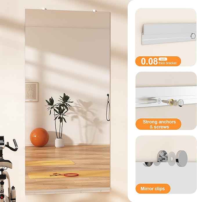 Hasipu Home Gym Mirror, 48"x24" Each, 2-Pack Frameless Wall Mounted Mirrors with Glass Clamps & 1 Aluminum Rail, Large Body Mirror for Home Gym, Yoga Studio, Bedroom, Silver Tempered Glass