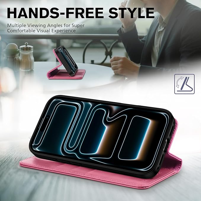 TUCCH Case Wallet for iPhone 17 Pro (6.3-Inch) 2025, [3 Card Slots] Kickstand [RFID Blocking] PU Leather Case, Flip Folio Cover with [TPU Shockproof Interior Shell], Hot Pink