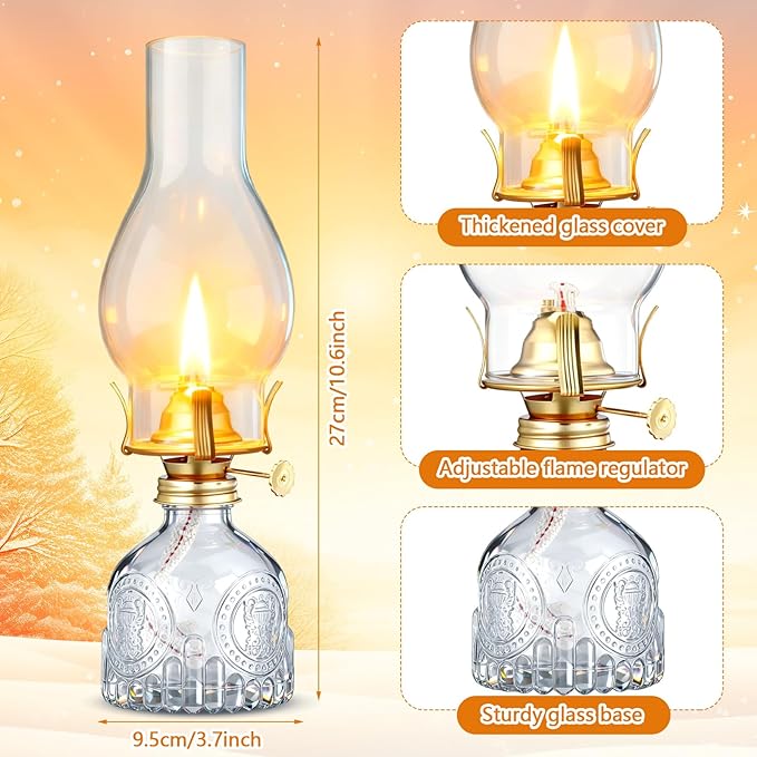 3 Pcs Clear Chamber Oil Lamps for Indoor Use 10.6'' Vintage Kerosene Lamp Hurricane Oil Lantern Adjustable Fire Wick Decorative Lantern for Valentines Wedding Table Decor Emergency Lighting