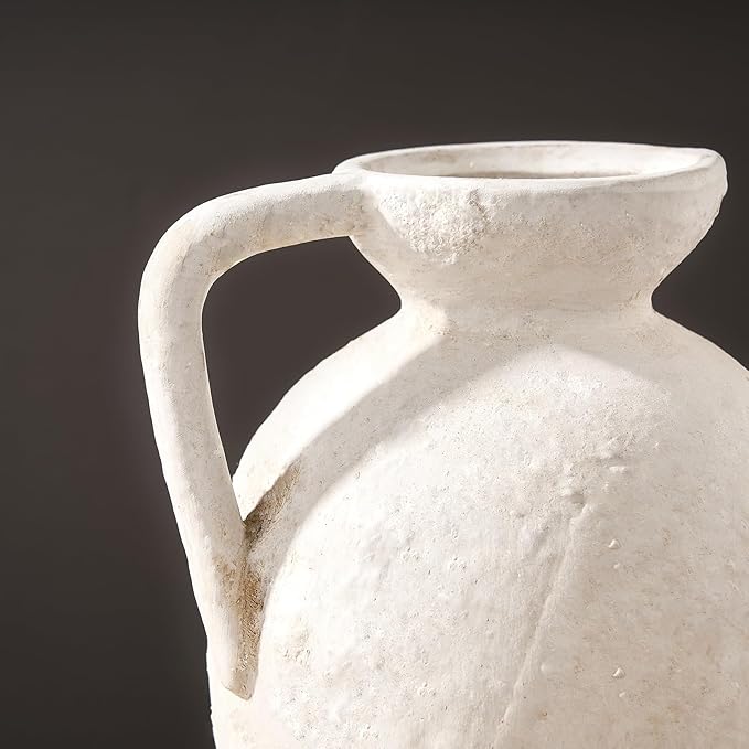 LUKA Rustic Farmhouse Terracotta Vase, 9.25 inch with Handle, Neutral Tall Clay Vase for Living Room, Table, Shelf Decor (Off-White)