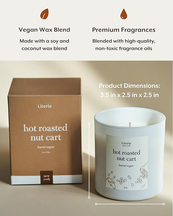 Literie NYC Inspired Scented Candle: Hot Roasted Nut Cart - Burnt Sugar Scent, 9oz, 50 Hour Burn, Vegan Soy & Coconut Blend Candle for Home Decor, Gift for Women & Men