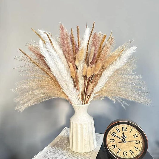 N&T NETING 50Pcs Pampas Grass Decor-5Pcs White Pampas, 10Pcs Brown Pompous, 10Pcs Bunny Tails Dried Flowers, 15Pcs Mini Pompas Grass,10Pcs Light Brown Flower Pompas for Home Decor Wedding Boho Decor