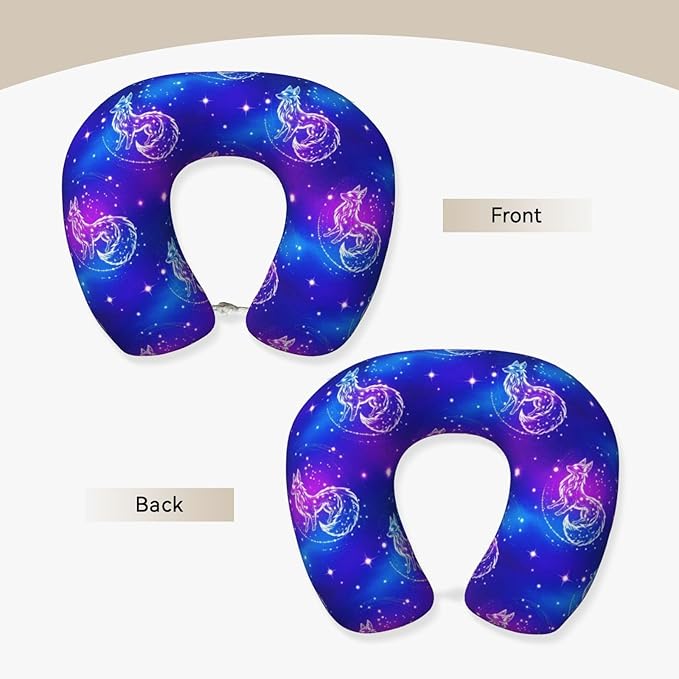 Travel Neck Pillow for Pain Relief Sleeping, Galaxy Wolf, Comfortable Memory Foam Chin Head Cushion Support with Zip Cover, Fashion Car Flight Pillows