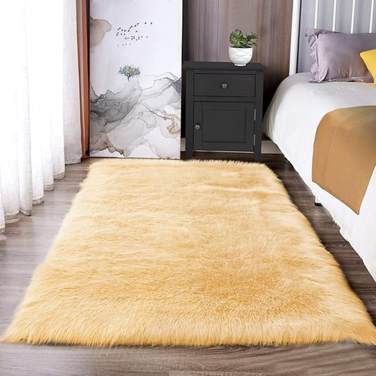 Latepis Yellow Rug for Bedroom 3x5 Area Bedside Rug Faux Sheepskin Fur Rugs for Living Room Décor Boho Rugs, Rectangle