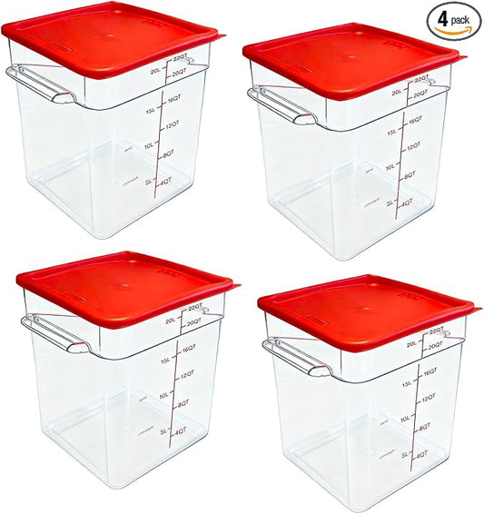 TSUBOR 4 Pack Food Storage Containers with Red Lids, 22.0 Qt - Square, Clear, Polycarbonate, for Restaurant Commercial Kitchen and Home party