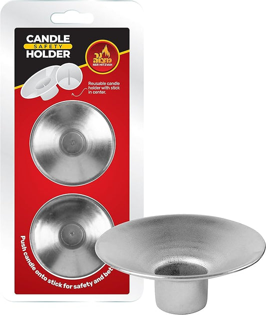 Ner Mitzvah Reusable Metal Candlestick Liners and Drip Guards - Safety Pin Holds Candles in Place - Nickel Plated Protector Bobeches - Silver - 2 Pack