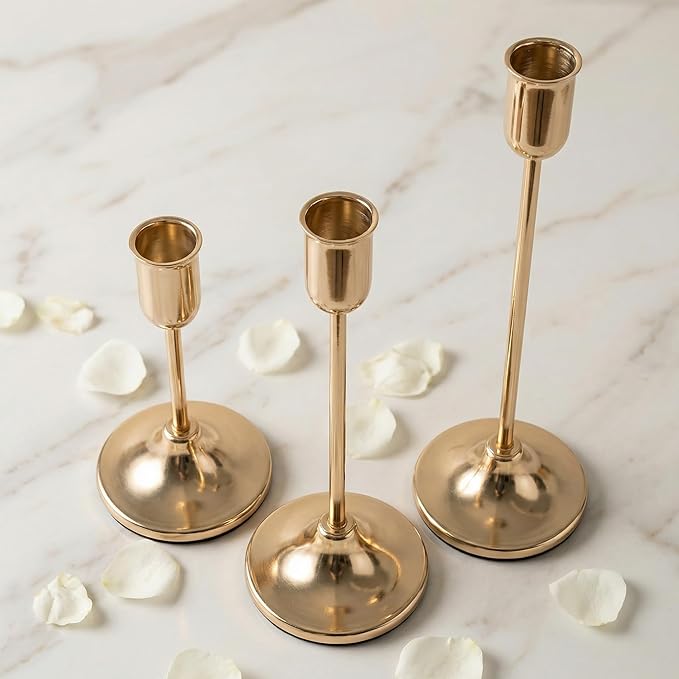 18 Pcs Gold Candlestick Holders Set - Vintage Brass Taper Candle Holder for Pillar Candles - Modern Decorative Centerpiece for Wedding Fireplace Mantel Decor - Cozy Atmosphere Housewarming Gift