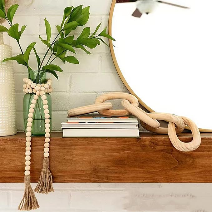 Wood Chain Link Decor and Beaded Garland Set - Hand Carved Decorative Wood Chain, Home Decor, Farmhouse