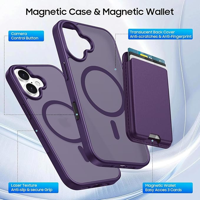 Ntwinro Magnetic for iPhone 16 Case (Compatible with MagSafe) with Detachable Wallet & Card Holder for 3 Cards [RFID Blocking] Military Grade Protective Slim Phone Cover, Purple