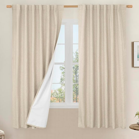 LAMIT 100% Blackout Natural Linen Curtains, 68 Inches Linen Textured Thermal Bedroom Curtains Back Tab and Rod Pocket Neutral Panels with White Liner for Farmhouse, 2 Panels, 52 x 68 Inch, Linen