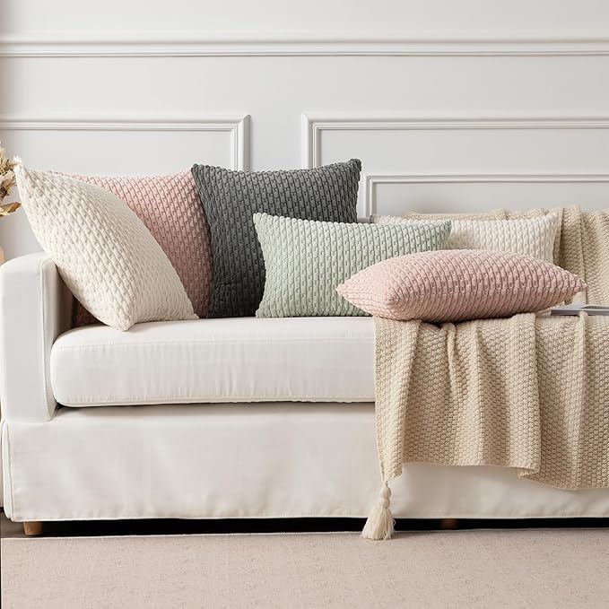 Kevin Textile Euro Sham Pillow Covers 28x28 Inch 2 Packs Soft Boho Striped Corduroy Decorative Throw Pillows for Living Room Couch Bed Sofa Rustic Farmhouse Home Decor 71x71cm Cream White