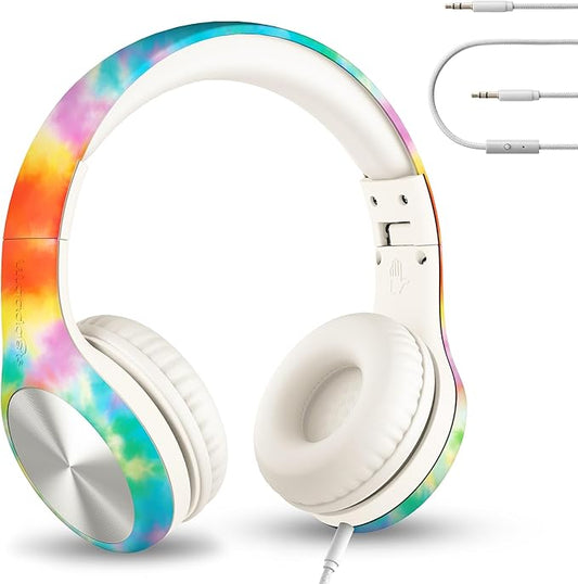 LilGadgets Connect+ Pro Wired Kids Headphones for School with Microphone, Volume Limiting Over-Ear Headset with Cord, SharePort Technology & SoftTouch Padding, Tie Dye Rainbow