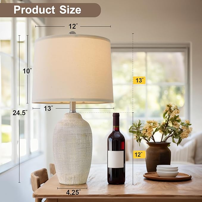24 inch Vintage Ceramic Table Lamp - Single Farmhouse Rustic Bedside Lamp with Natural Textured Finish, Nightstand Lamps for Living Room, Bedroom, End Table Beige