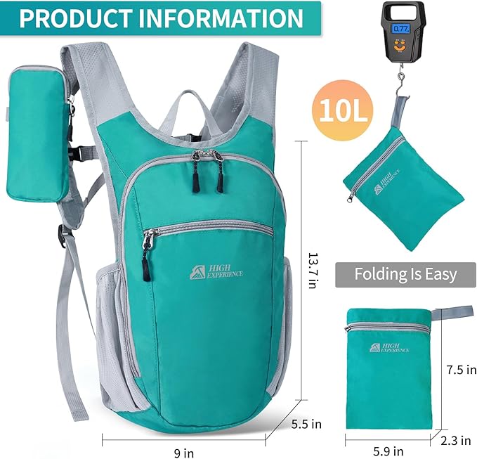 HIGH EXPERIENCE Hiking Backpack 10L/15L Small Daypack Lightweight Packable Travel Foldable Water Resistan for Women Men (Lake Green, 10L)