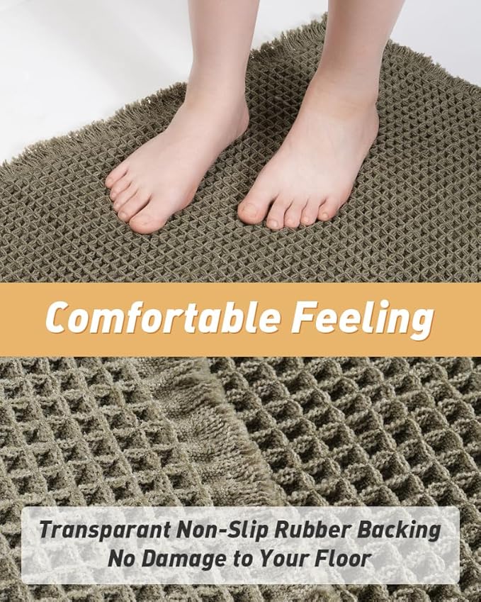 AMOAMI Upgraded Waffle Bath Mat, Super Absorbent Non Slip Bath Mats for Bathroom Floor, Machine Washable Bathroom Rugs with Tassels, Rubber Backed Bathroom Mats, Ultra Soft, 24" x 36", Green