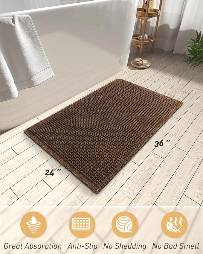 AMOAMI Upgraded Waffle Bath Mat, Super Absorbent Non Slip Bath Mats for Bathroom Floor, Machine Washable Bathroom Rugs with Tassels, Rubber Backed Bathroom Mats, Ultra Soft, 24" x 36",Terracotta