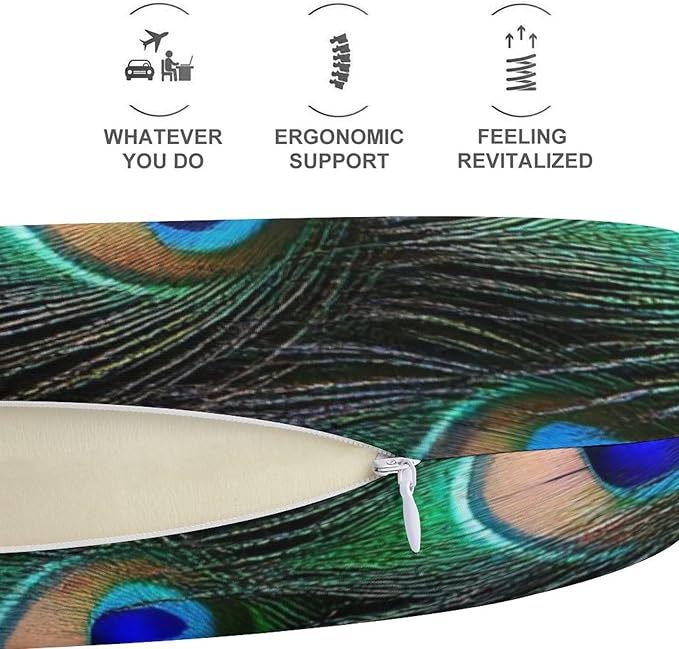 Breathable U-Shaped Neck Pillow Memory Foam Travel, Green Peacock Art U-Shape, Machine Washable Support Home Office