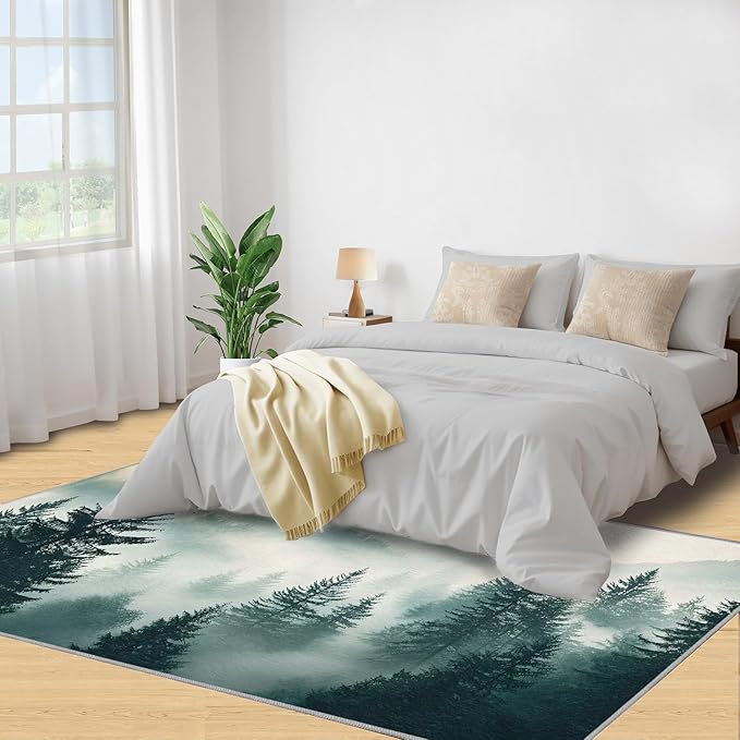 Misty Forest 2x3 Area Rug Natural Landscape Washable Rugs for Living Room Bedroom, Green Woods Soft Low Pile Non Slip Accent Floor Mat Print Throw Rug Indoor Carpet Dining Room Playroom