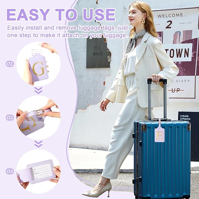 Personalized Initial Luggage Tags for Suitcase, Purple Leather Cute Luggage Tags with Privacy Cover Name Card, Embroidered Custom Monogrammed Luggage Tag Travel Backpack Tags Gifts for Women Kids(E)