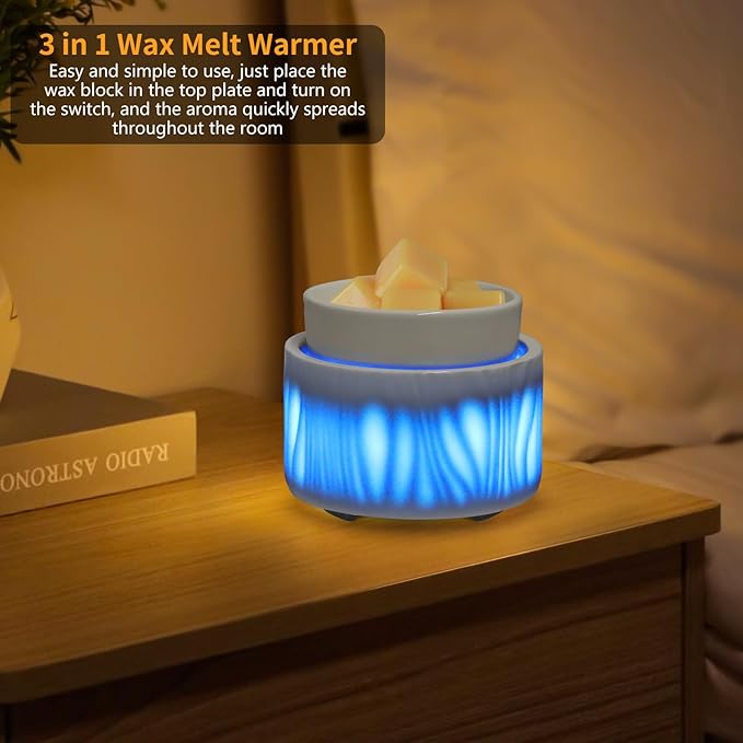 Ceramic Wax Melt Warmer for Scented Wax Warmer with 7 Colors LED Ambiance Light 3-in-1 Electric Fragrance Candle Burner for Home Office Deco Birthday Gifts for Women Girl Mom Daughter(White-03)