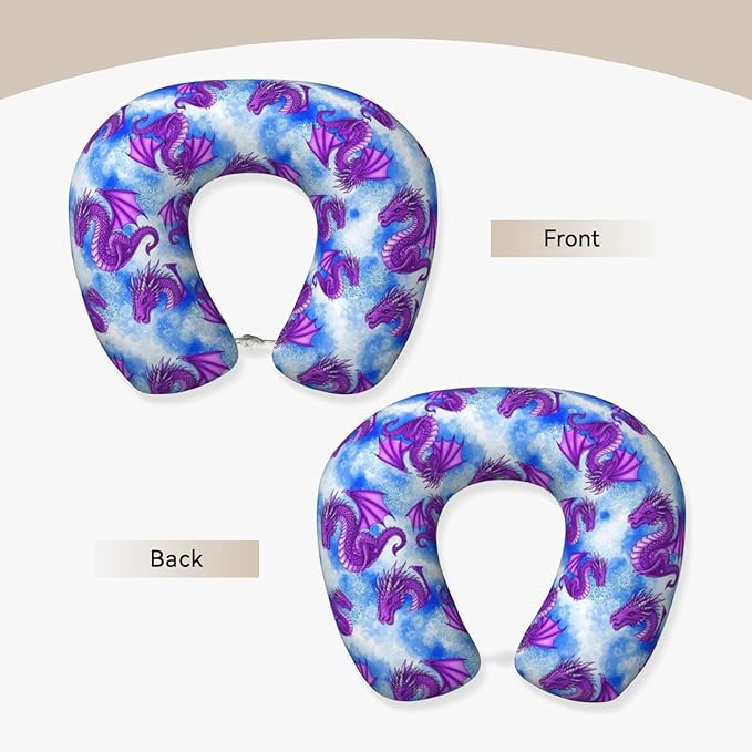Breathable Neck Pillow for Sleeping Rest Nap Purple Dragon Art, Airplanes/Car/Home Memory Foam Travel Cushion with Polyester Cover Washable for Women Men