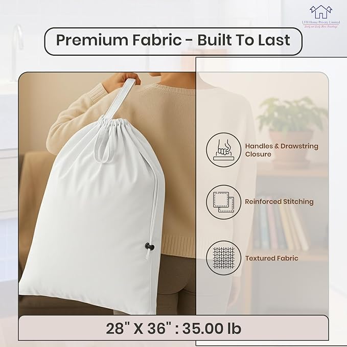 LFH Home Cotton Canvas Large Laundry Bag with Handle, Heavy Duty Drawstring Closure Washable Laundry Bags, School Travel, Home, Hotel, College Dorm, Organizer Sack, Toy Clothes 28x36 (Pack of 2)-White