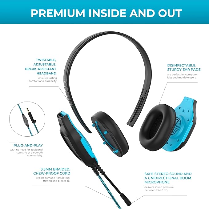 Gumdrop DropTech On-Ear Wired Headphones (40 case Pack) w/ 3.5 mm Chew-Proof Cord - Rugged, Reliable, Drop Tested and Comfortable for Kids, K-12 Students, Classroom and School Use - Black