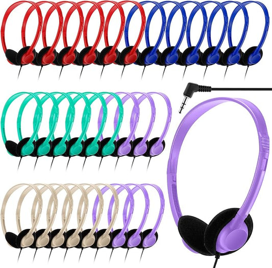 Yunsailing 30 Pack Bulk Headphones Set Over Ear Headphones with Adjustable Headband 3.5mm Plug Headsets Earphones for Learning Program, Computer Lab, Library, Testing & Multimedia Use (Vivid Color)