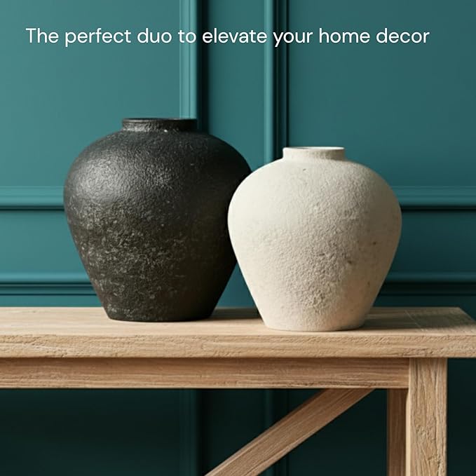 Handemade Large Round Vase for Centerpieces, White Rustic Vase Farmhouse Decor, Distressed Textured for Home Decorations, Earthy Room Decor Aesthetic, Stone Look Ceramic Clay Pottery, 10 inch