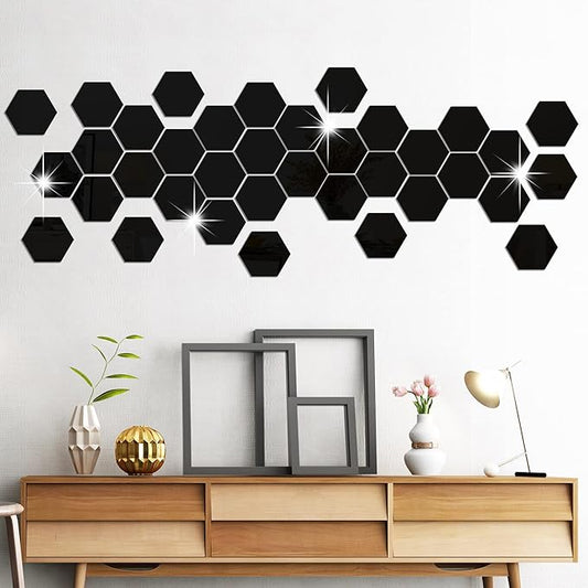 RW-103 36 PCS Acrylic Mirror Wall Stickers Hexagon Mirror Wall Decals DIY Removable 3D Geometric Hexagon Mirror Art Setting Wall Decor for Bedroom Living Room Office Kitchen Home Decoration (Black)