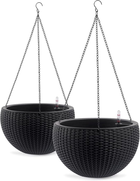 13.5 inch 2Pack Large Hanging Planters for Outdoor/Indoor Plants, Self Watering Hanging Pot with Water Level Indicato, Drainage Holes and Chain for Garden Porch, Black