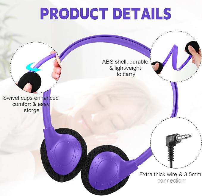 Konohan 30 Pack Headphones Bulk Headphone for School Classroom Student Wired Headphones Adjustable with 3.5 mm Jack for Adults (Purple)