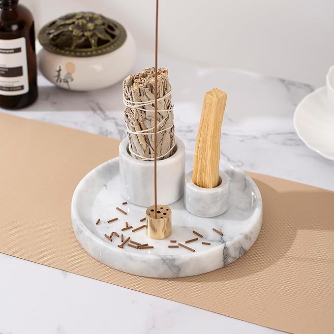 4 in 1 Marble Incense Holder, Natural Marble Incense Burner for Meditation, 9 Incense Holes Suitable for Most Incense Types (White)