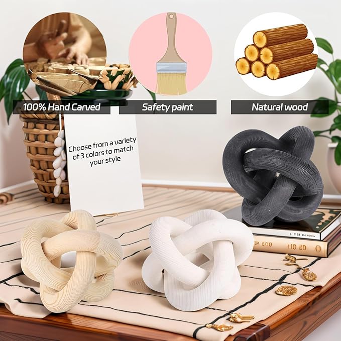 3 Link Hand Carved Wood Knot, Wood Chain Link Decor, Rustic Decorative Objects for Home, Living Room, Bedroom, Coffee Table, Modern Farmhouse Shelf Decor (Natural)