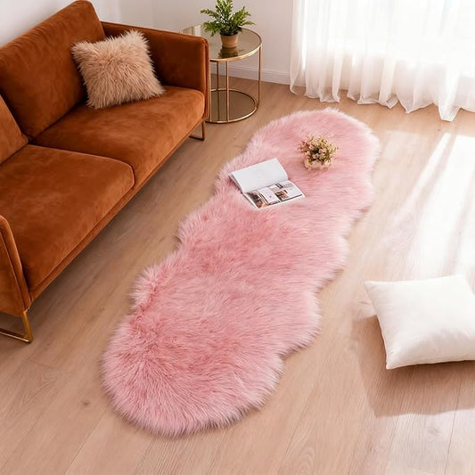 Pink Faux Fur Sheepskin Area Rug for Living Room Bedroom, 2 x 6 Feet Ultra Soft Shaggy Fuzzy Furry Carpet Chair Throw Runner Rugs for Kids, Girls, Nursery Room Decor Dorms