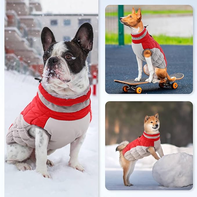 OUOBOB Dog Jackets for Medium Dogs,Medium Dog Coat,Warm Pet Winter Coat Zip Up Back,Waterproof Dogs Jacket with D-Ring,Pet Cold Weather Coats with Fleece Lined, Snowsuit Pug Boston Terrier,Red,M