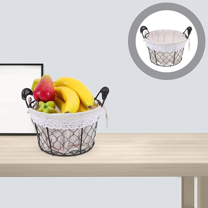 Wire Basket with Handle and Fabric Liner, Rustic Metal Storage Basket for Fruit, Bread, and Wedding Flower Girl, Multi-purpose Home and Kitchen Organizer