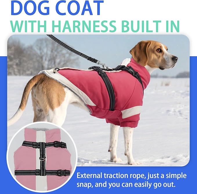 MIGOHI Waterproof Dog Coat with Harness Adjustable Dog Jacket Pet Winter Coat with Zipper,Christmas Small Fleece Jacket for Small Dogs,Extra Long Sleeves Warm Winter Snowsuit for Dogs,M,Pink
