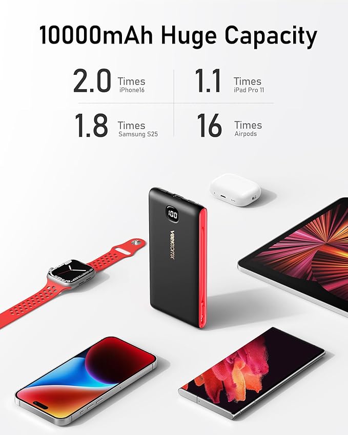 VEEKTOMX Portable Charger with Built in Cables 10000mAh, Power Bank for iPhone with AC Wall Plug, Fast Charging USB C Slim Battery Pack with LED Display Compatible with iPhone 17/16/15/14, Samsung