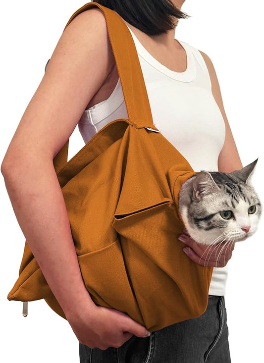 Amkune [Cozy Travel] Cat Carrier Pouch, Soft Sided Cat Sling Bag for Small Medium Cats, Carrying Sack, Restraint for Nail Trimming, Grooming,Caramel Small Upgrade