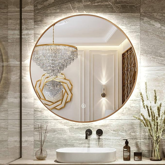 32" Round LED Bathroom Mirror, Wall Mounted Round Backlit Mirror LED Bathroom Vanity Mirror with Lights Fog Free Circle Lighted Mirror with Gold Frame, Smart Light up Mirror 3-Color